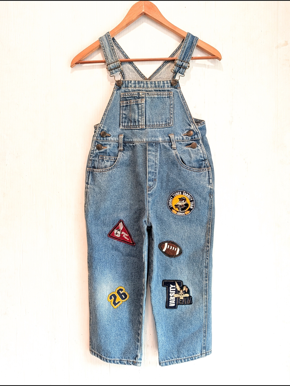 LOONEY TUNES Kids Blue Denim Overalls with Football Varsity Fun Patches Size 5